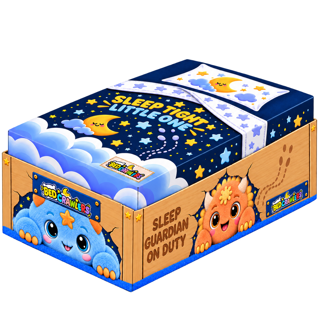 The closed Bedcrawlers bed-shaped box with its navy mattress lid, waiting to reveal a sleep guardian.
