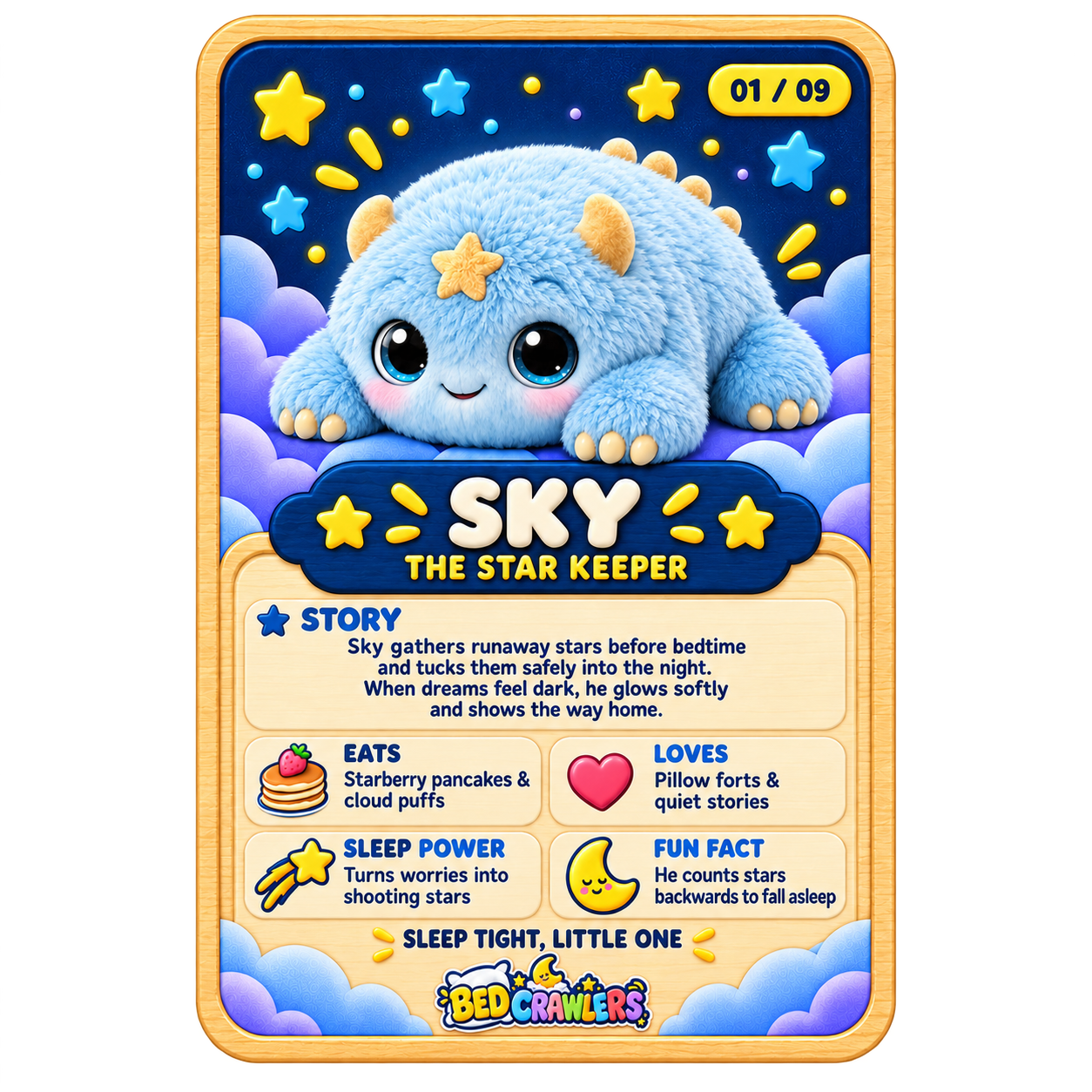 Sky the Star Keeper's card, with his story, favourite foods, things he loves, sleep power and fun fact.