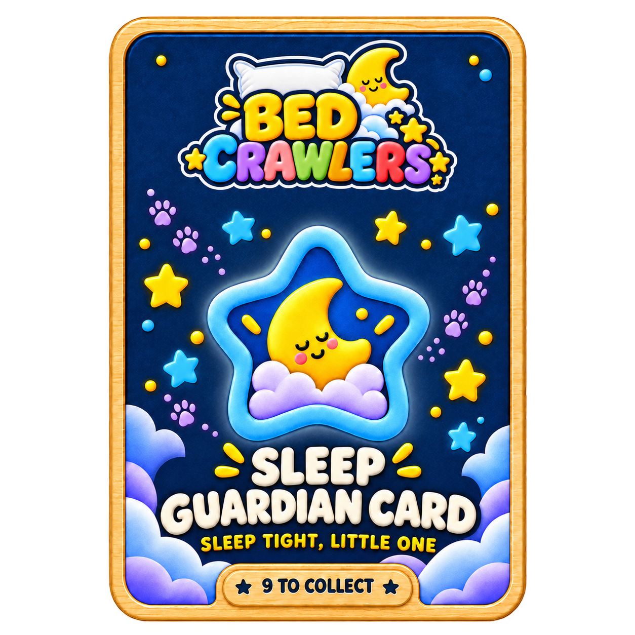 Bed Crawlers Sleep Guardian Card cover with the final pillow logo, a sleepy moon inside a glowing star, and nine to collect.